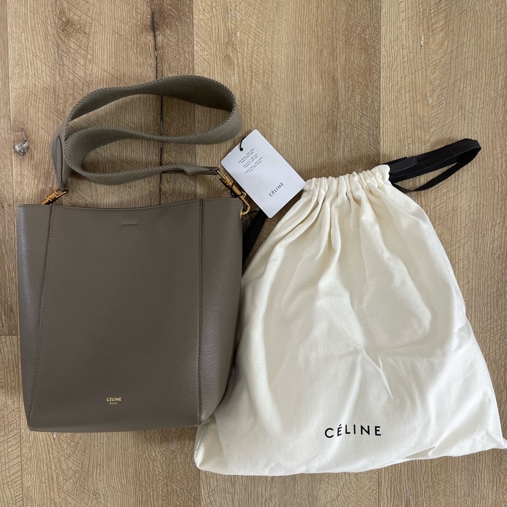 CELINE Sangle Small Bucket Bag, Taupe